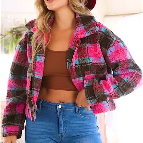 ☃️BOGO50%☃️ 🆕🩷PEACH LOVE CALIFORNIA: Plaid Sherpa Jacket LARGE •SEE VIDEO• - Picture 5 of 7